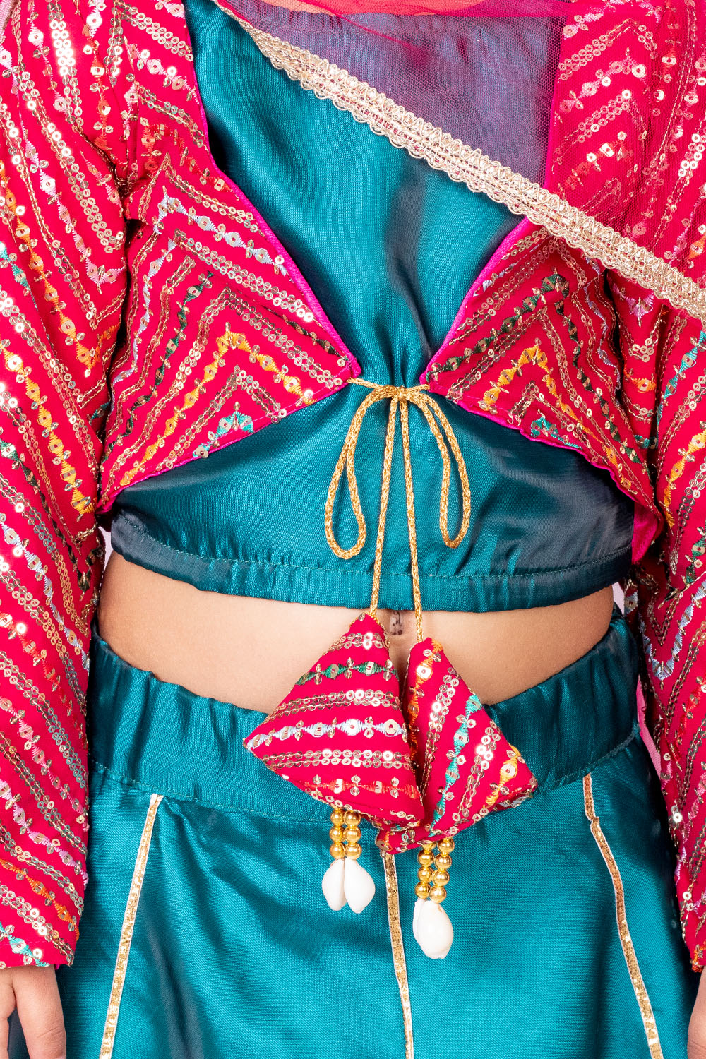 Peacock Green and Pink Silk Lehenga