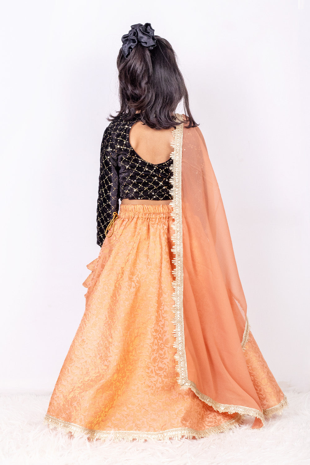 Black and Peach Brocade and Velvet Lehenga
