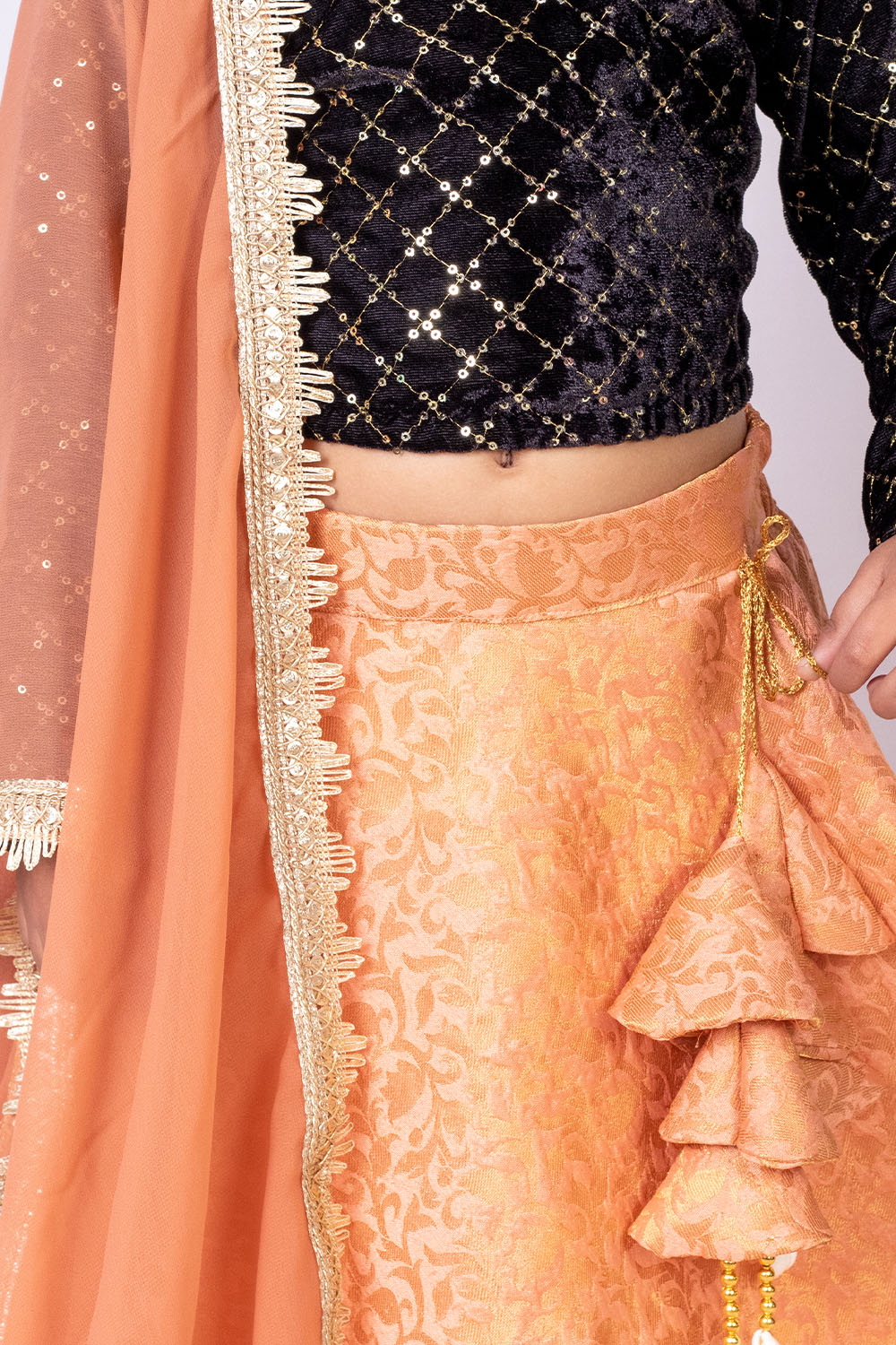 Black and Peach Brocade and Velvet Lehenga