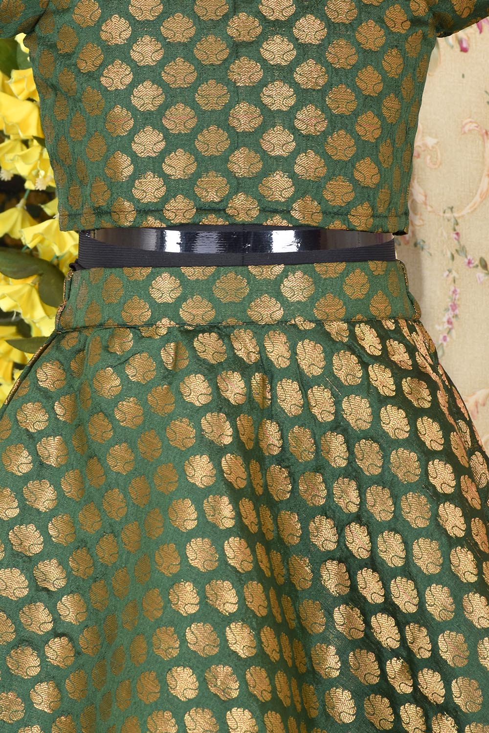Green brocade kids skirt top set
