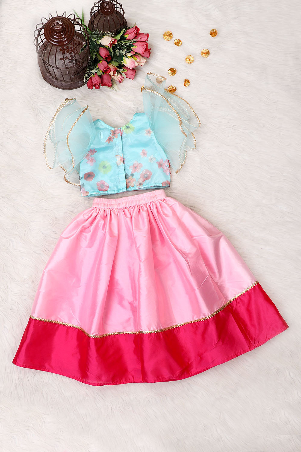 Blue organza and pink top tafetta silk skirt set