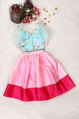 Blue organza and pink top tafetta silk skirt set