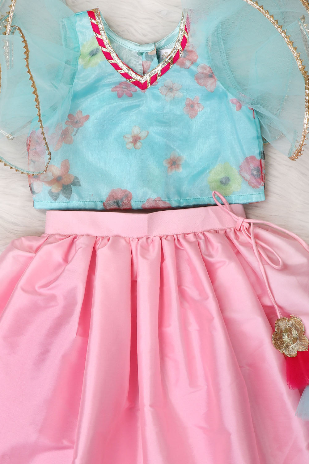 Blue organza and pink top tafetta silk skirt set