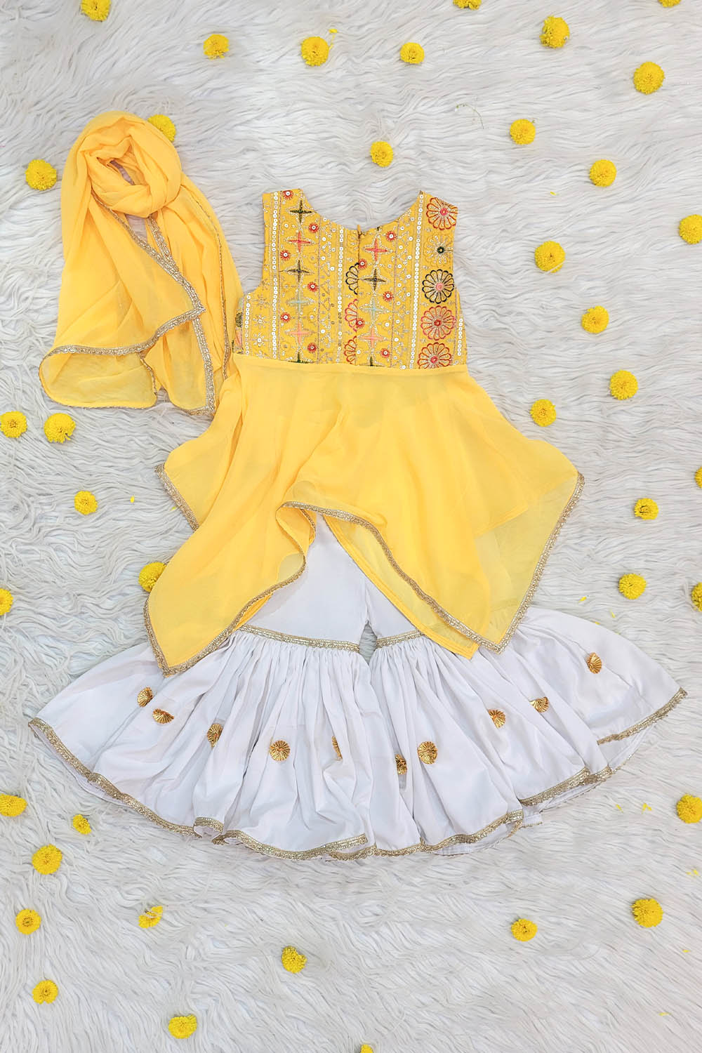 Yellow White Sharara Suit