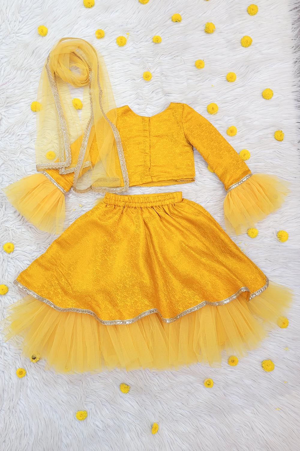 Yellow Brocade and Net Lehenga