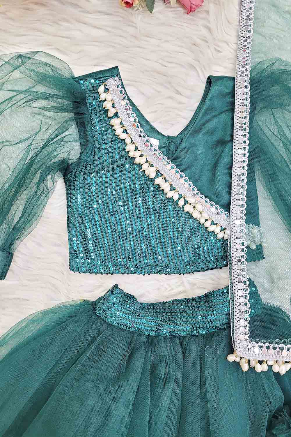 Bottle Green Net and Sequins Lehenga