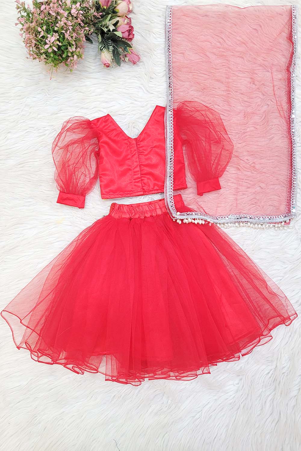 Red Net and Sequins Lehenga