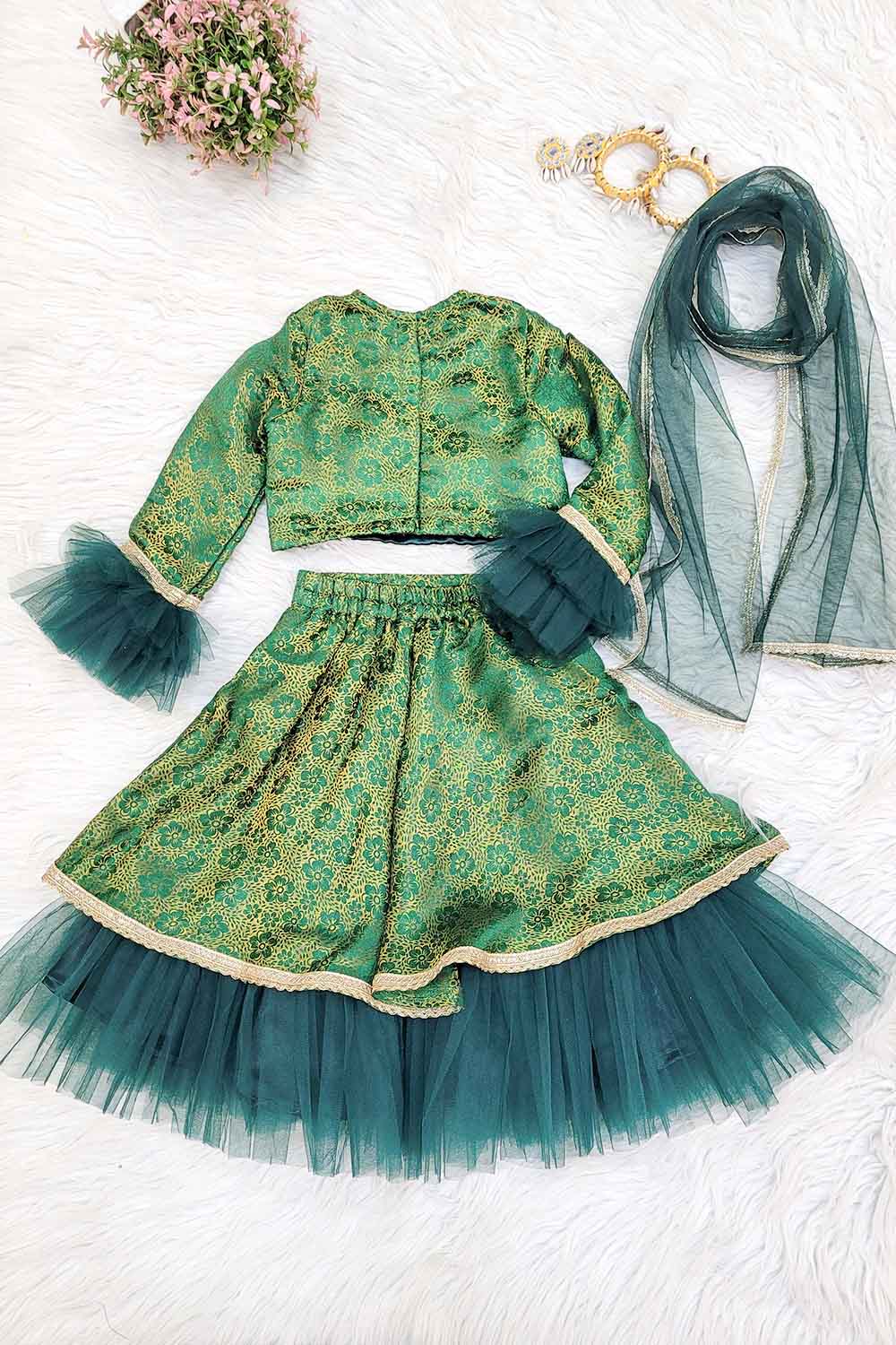 Bottle Green Brocade and Net Lehenga