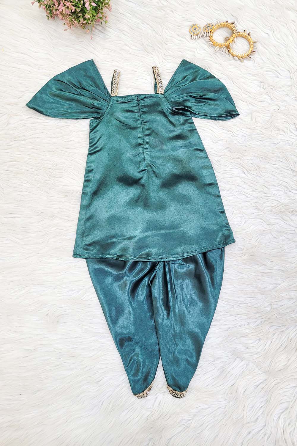 Bottle Green Satin Kurta Dhoti Set