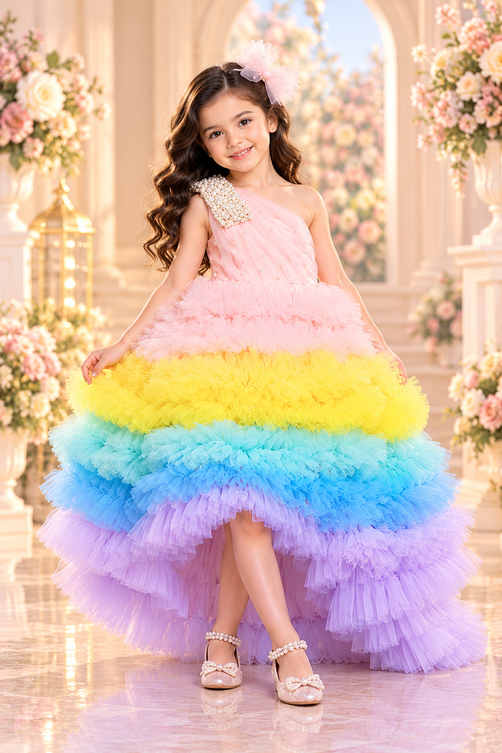 Colorfull Ruffled One Off Shoulder Gown