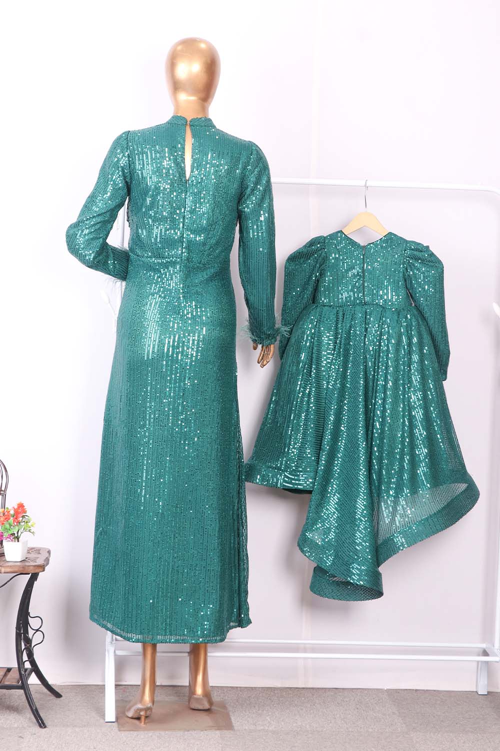 Bottle Green Mother Daughter Sequins Gown Combo