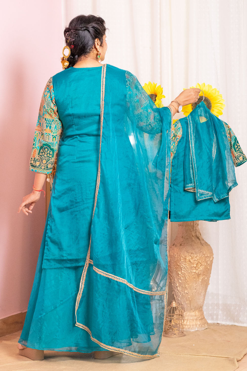 Teal Blue Sharara Suit Mom and Daughter Combo
