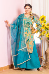 Teal Blue Sharara Suit Mom and Daughter Combo