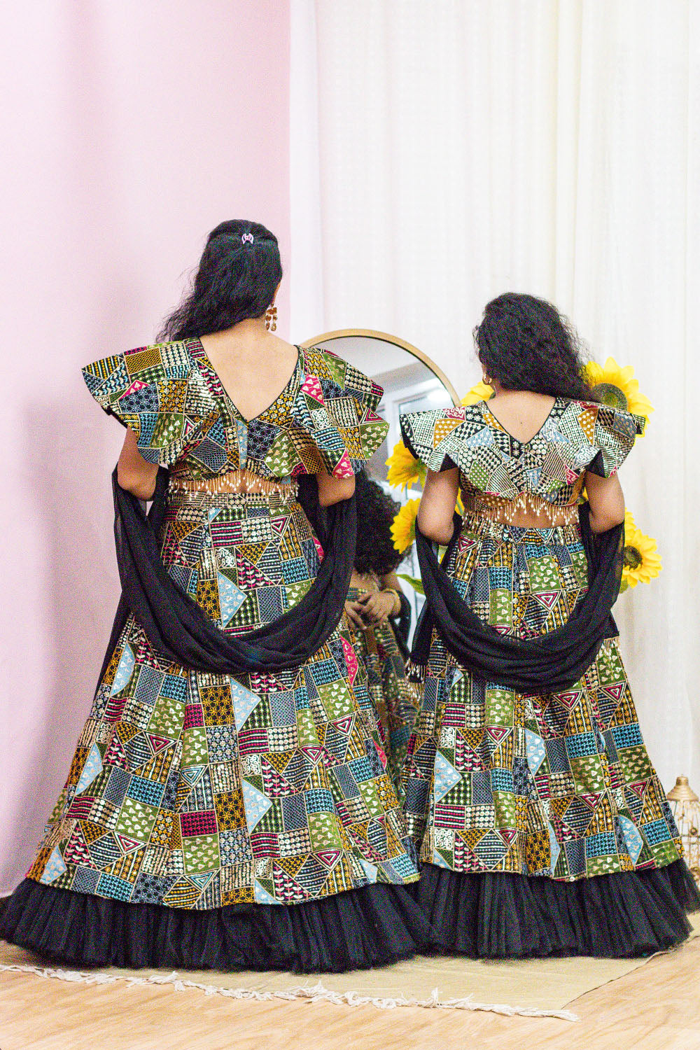 Black Thread Embroidered Mom and Daughter Lehenga Set