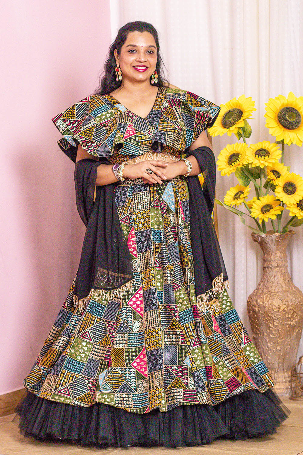 Black Thread Embroidered Mom and Daughter Lehenga Set