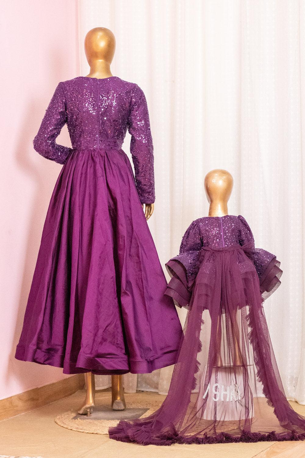 Wine Bead Work Mother Daughter Combo Dress