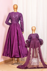 Wine Bead Work Mother Daughter Combo Dress