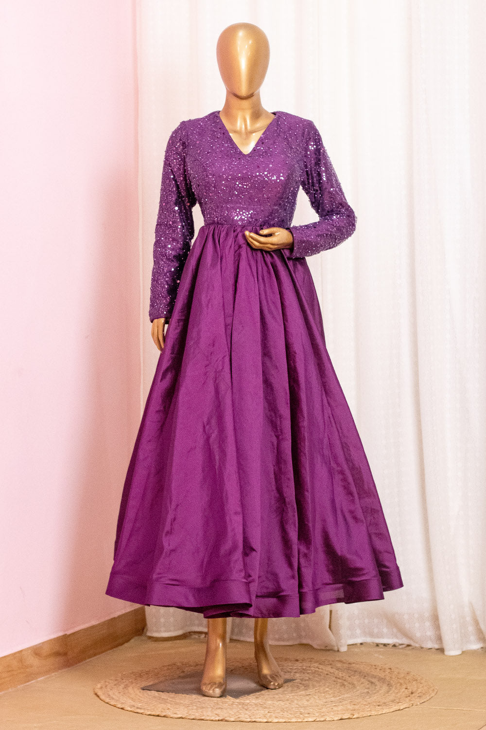 Wine Bead Work Mother Daughter Combo Dress
