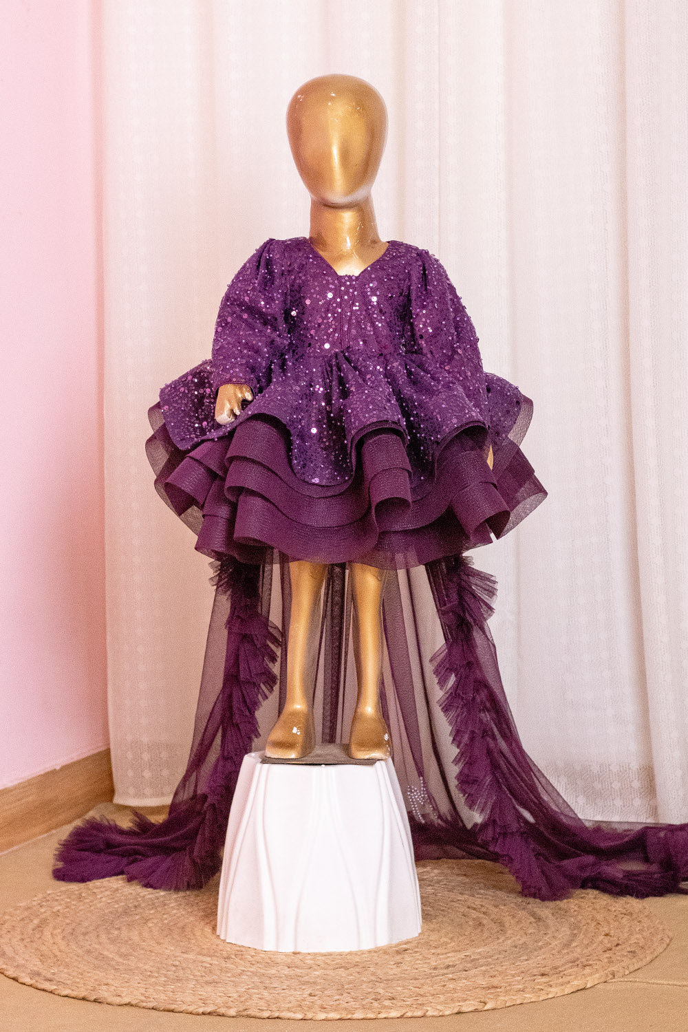 Wine Bead Work Mother Daughter Combo Dress