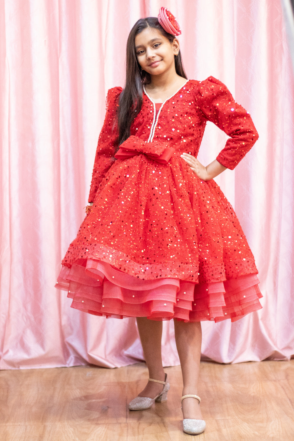 Sparkly Red Dress with Bow Accent