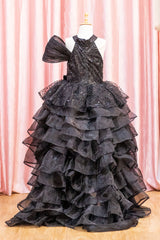 Black Sequined High Low Trail Dress