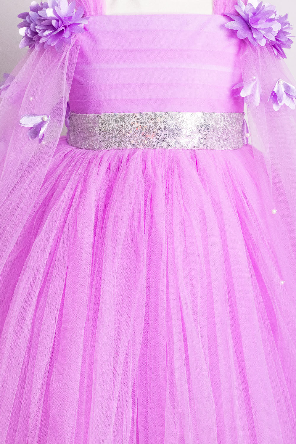 Lavender Elongated Flowers Sleeves Gown