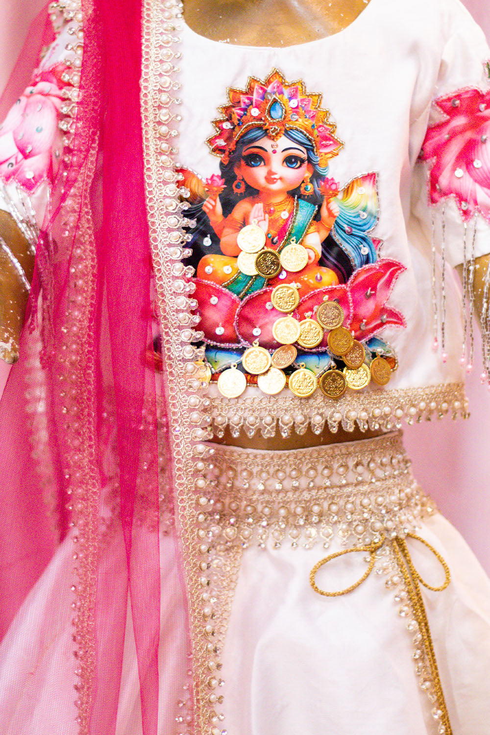 White and Pink Lotus Embroidered Lehenga Choli for Girls