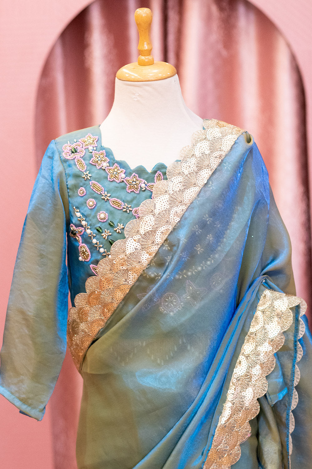 Teal Blue Draped Saree with Hand Embroidered Blouse