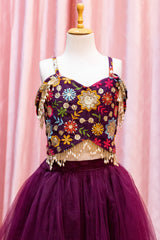 Wine Embroidered  Crop Top And Skirt