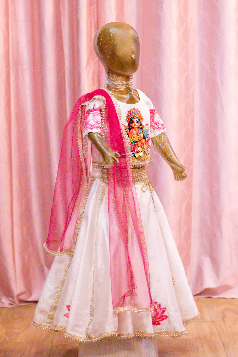 White and Pink Lotus Embroidered Lehenga Choli for Girls