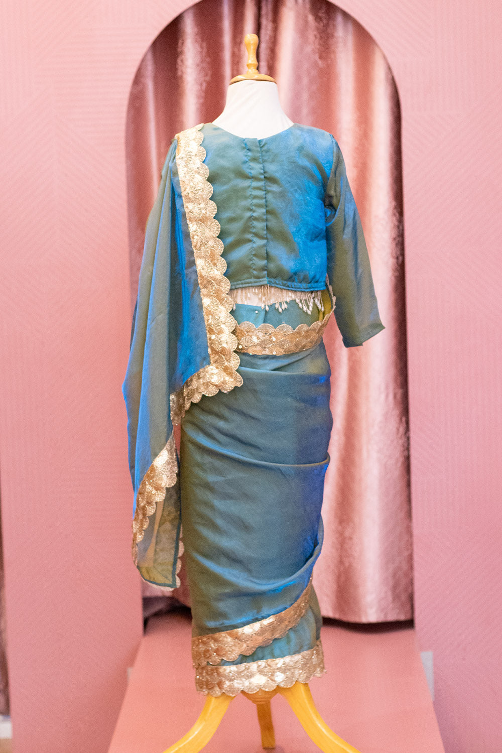 Teal Blue Draped Saree with Hand Embroidered Blouse