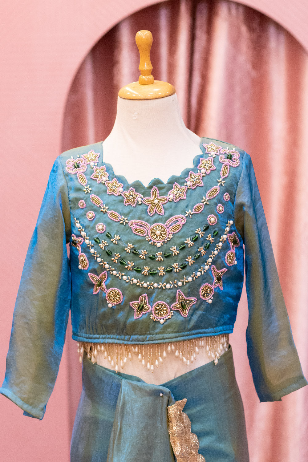 Teal Blue Draped Saree with Hand Embroidered Blouse