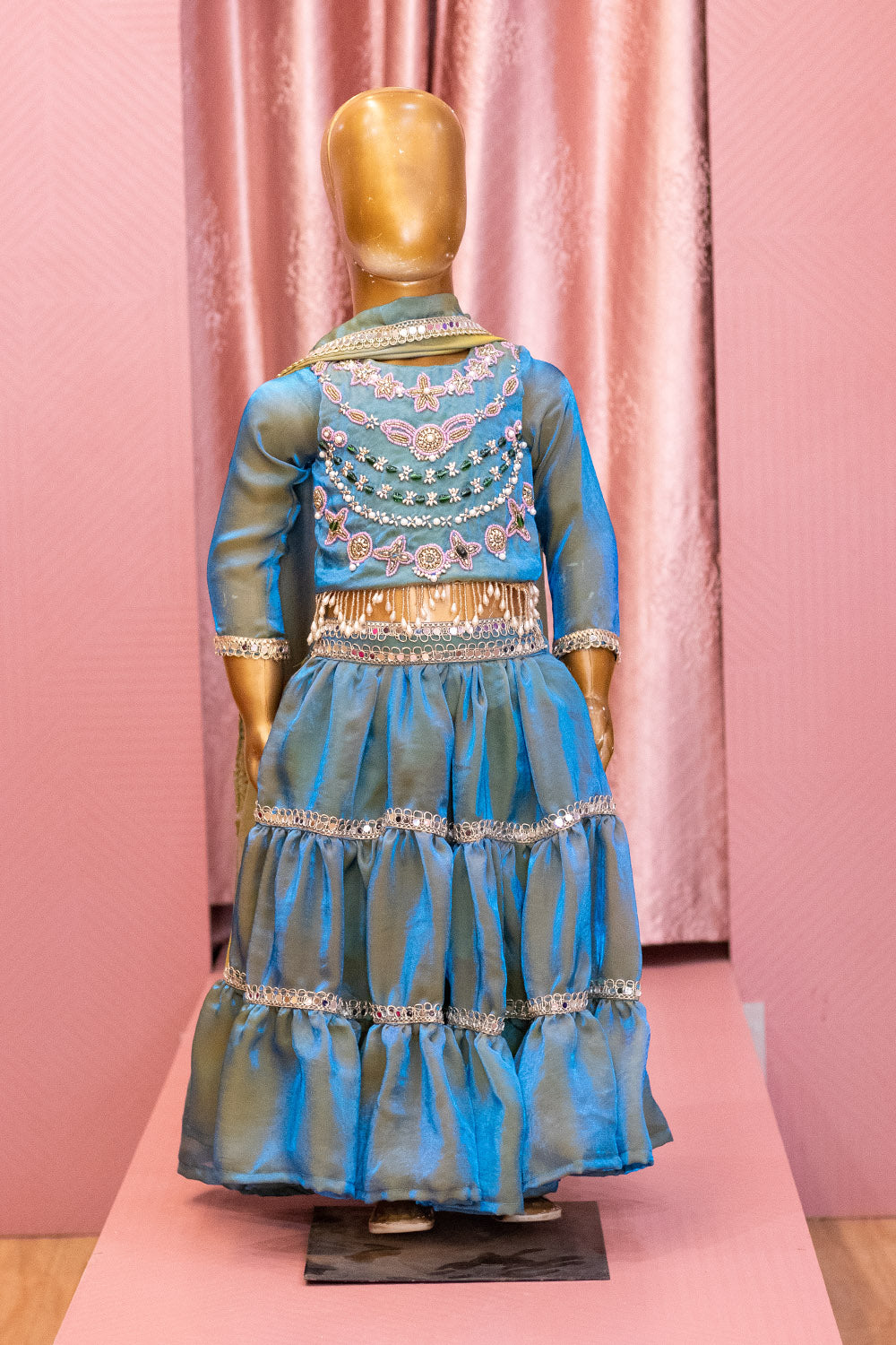 Teal Blue Flared Lehenga Set with Hand Embroidered Blouse