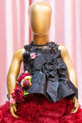 Black & Maroon Floral Organza Party Dress