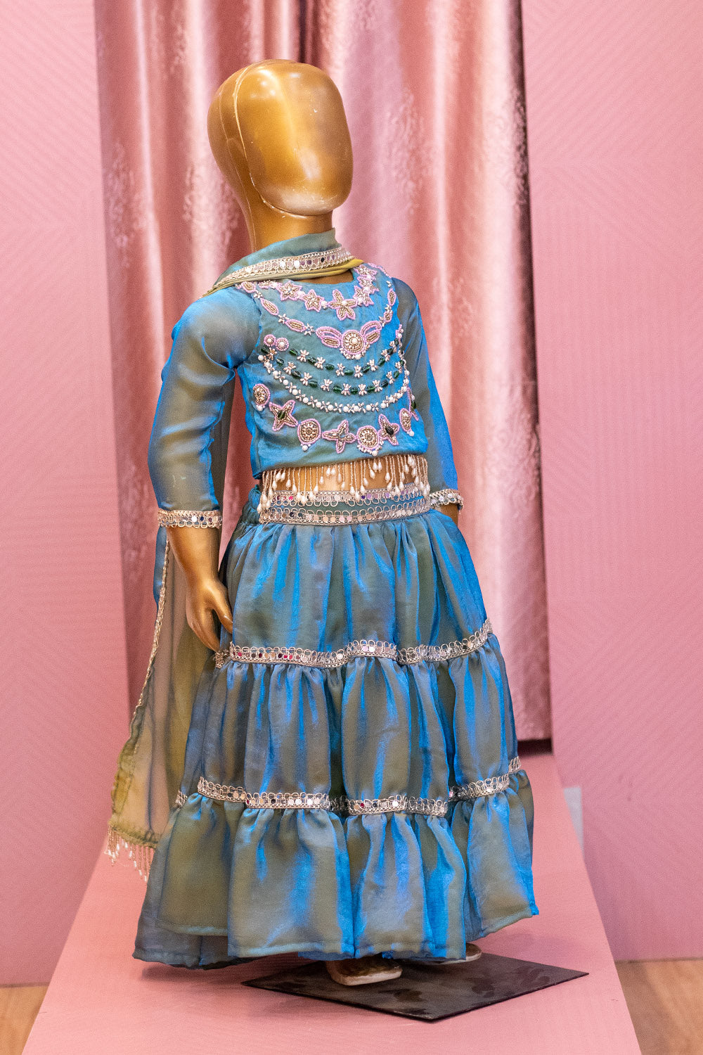 Teal Blue Flared Lehenga Set with Hand Embroidered Blouse