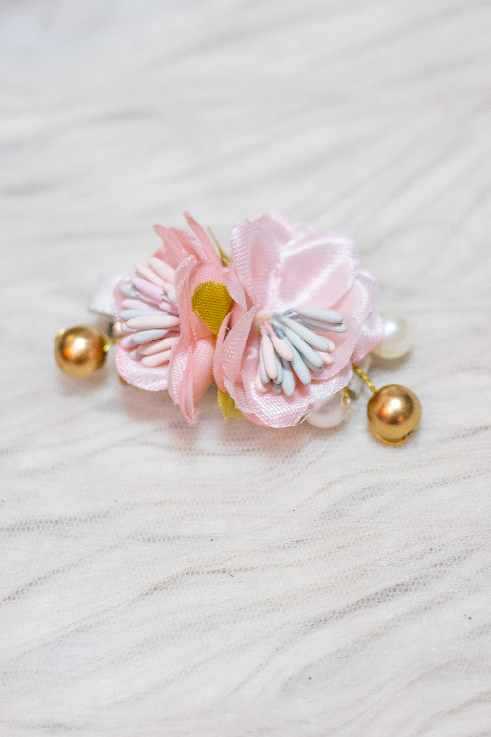 Pastel Pink Floral Hair Clip with Beads
