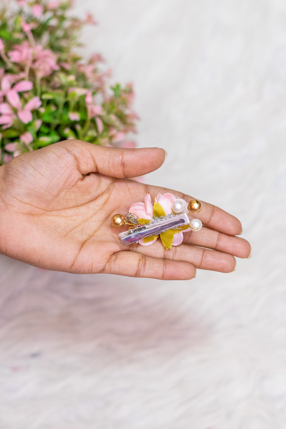 Pastel Pink Floral Hair Clip with Beads