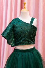 Emerald Green One Shoulder Embroidered Top And Net Skirt