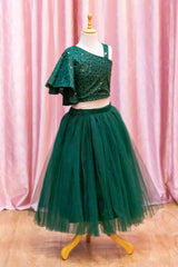 Emerald Green One Shoulder Embroidered Top And Net Skirt
