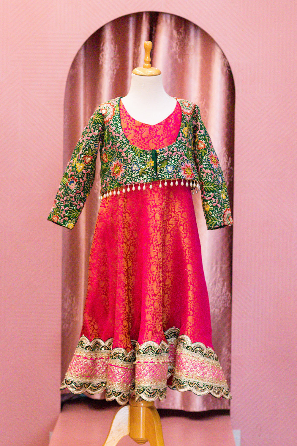 Pink Brocade Anarkali with Green Embroidered Jacket for Girls