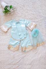 Satin Blue and Pink Suit