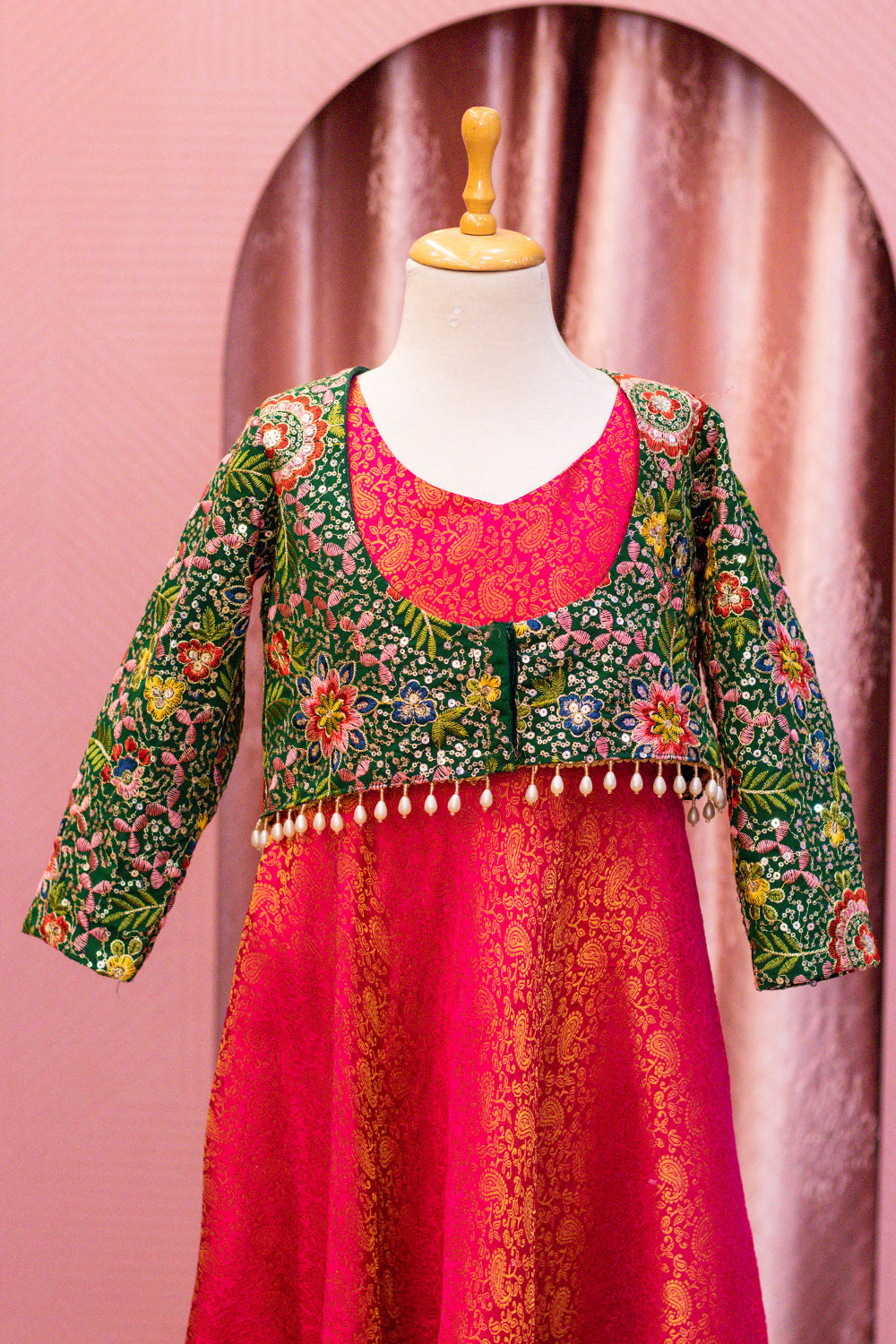 Pink Brocade Anarkali with Green Embroidered Jacket for Girls