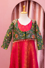 Pink Brocade Anarkali with Green Embroidered Jacket for Girls