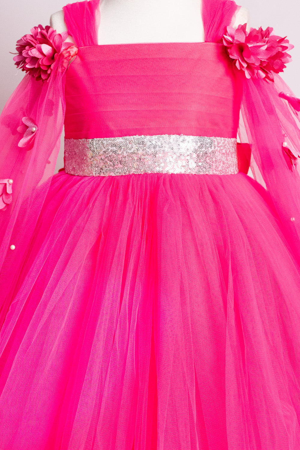Pink Elongated Flowers Sleeves Gown