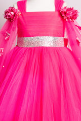 Pink Elongated Flowers Sleeves Gown