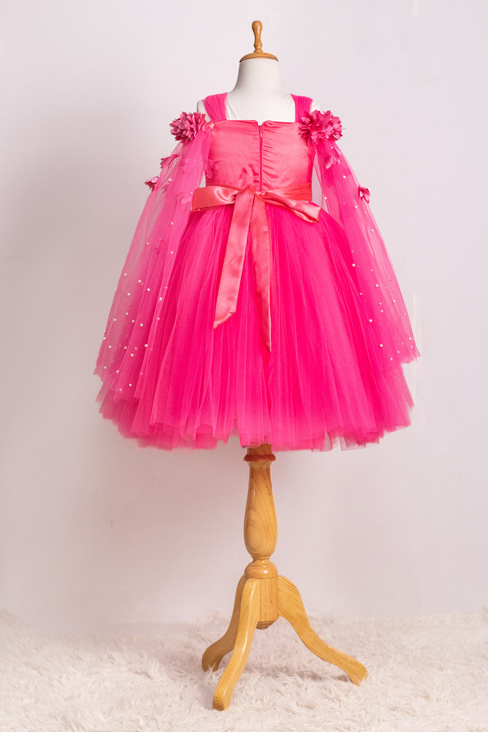 Pink Elongated Flowers Sleeves Gown