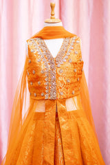 Mustard Brocade Jacket Lehenga For Girls
