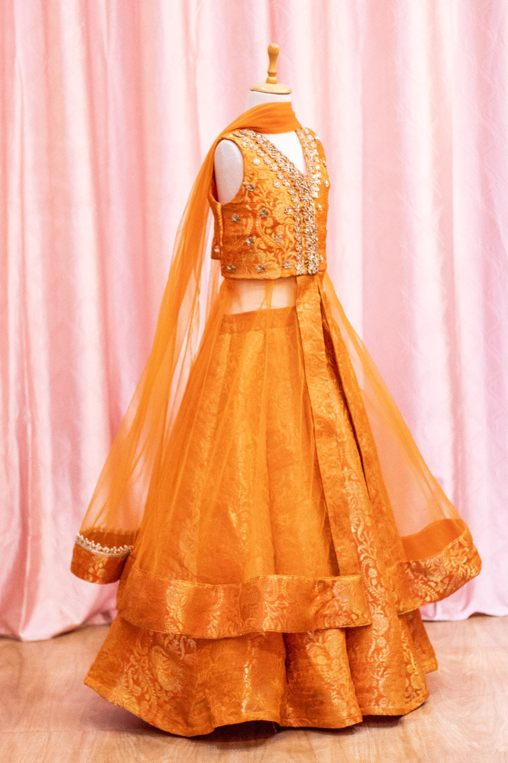 Mustard Brocade Jacket Lehenga For Girls