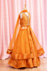 Mustard Brocade Jacket Lehenga For Girls