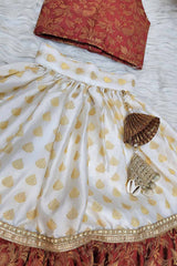 Maroon And White Kids Skirt Top Set